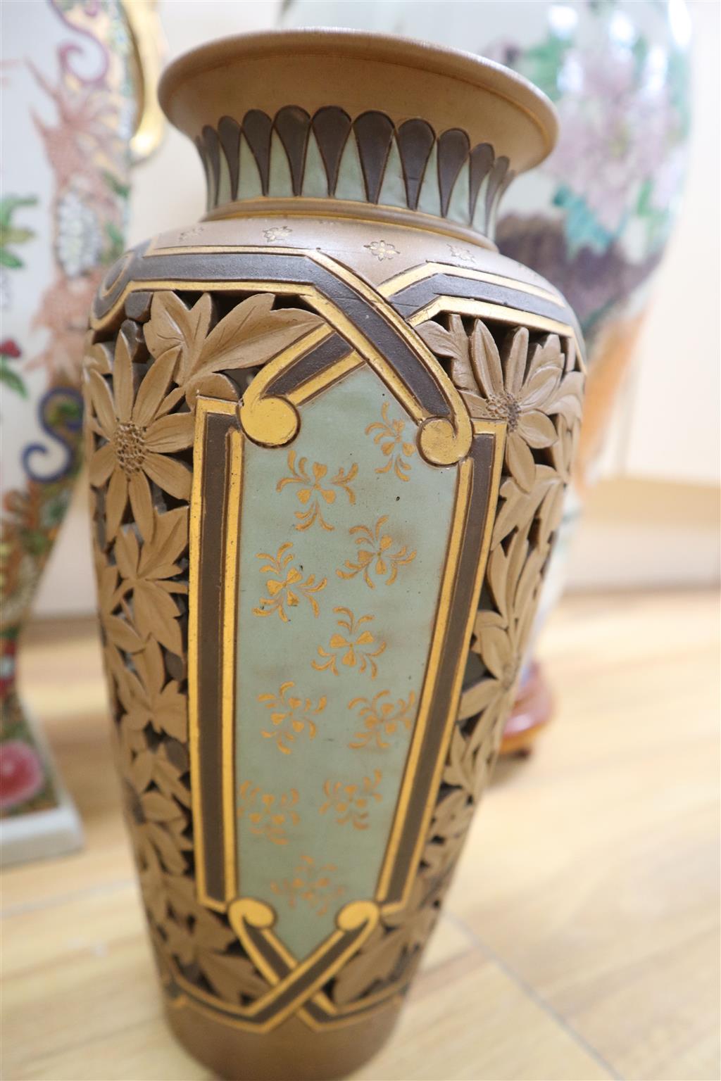 Eliza Simmance -a Doulton reticulated silicon ware vase, a Chinese lidded vase, a Japanese fish decorated vase, 59cm
